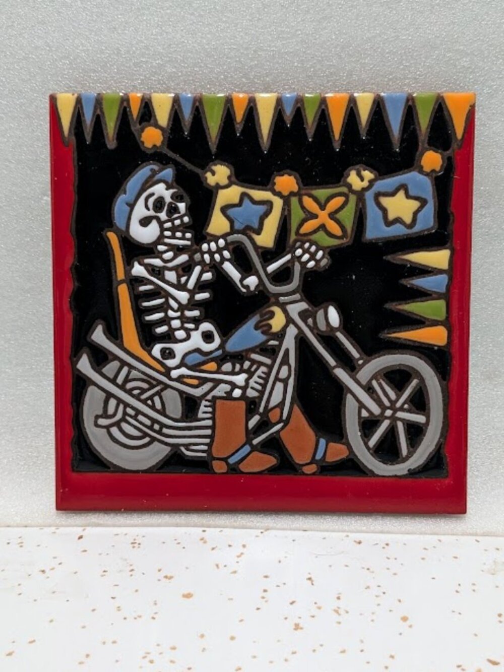 Vtg Earthtones Day of the Dead Skeleton Biker Art Tile 2006 Trivet Halloween 💀
